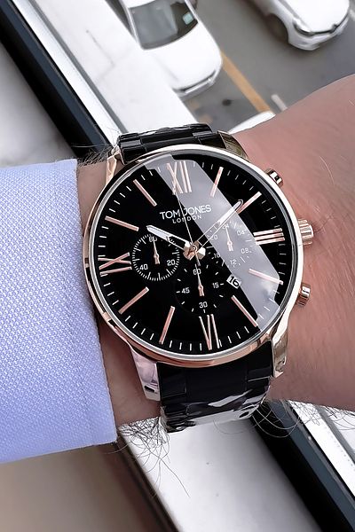 Tom Jones Original Cutter Glass Men's Wristwatch - Black Color Steel Band Gift Bracelet Gtje2098C5