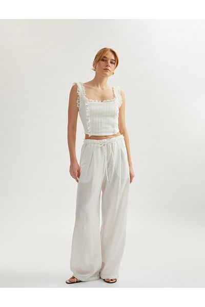 Koton New Season Cotton Textured Lace Detailed Frilly Crop Tank Top