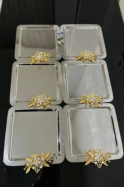 Yaren Style 6-Piece Luxury Stone Daisy Flower Accessory Stainless Presentation Tray |   Decorative Dowry, Coffee, Tea, Tray