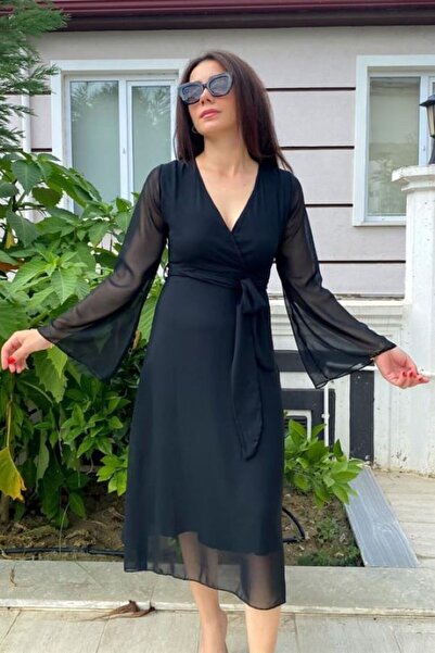 GDS BUTİK Chiffon Double Breasted Collar Midi Dress