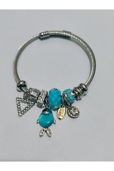 ARYA DESİGN Silver Color Blue Fish Charm Steel Bracelet