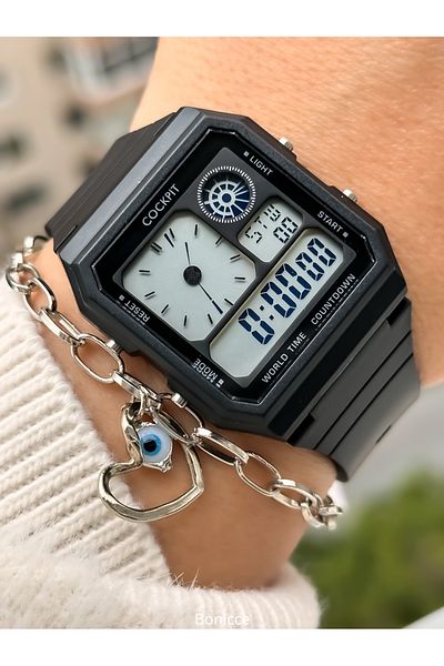 Cockpit Brand Water Resist, Alarm, Illuminated, Black Silicone Strap Sports Men's/Women's Wristwatch