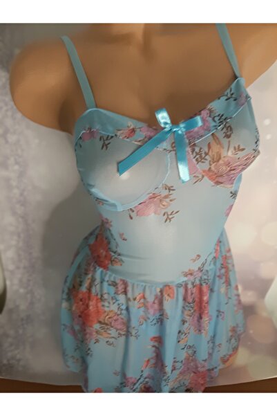 Butik Mavi çiçek desenli askılı kadın gecelik çiçek desenli tanga