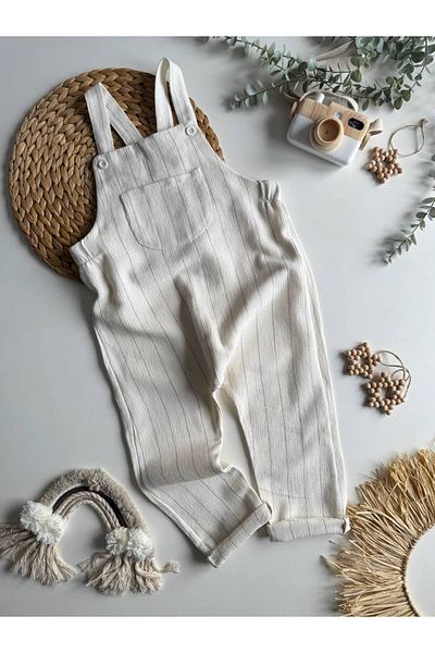 MİO Boy's Linen Brown Striped Salopet T-Shirt Set