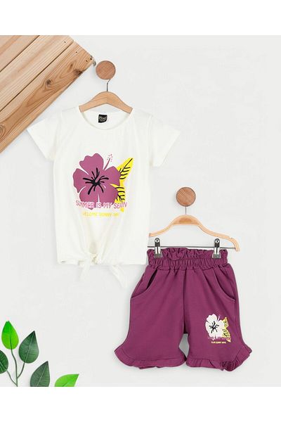 Ege Bebek Girl's Summer Outfit Set with Top Tie Detail, Short Suit for Ages 2-10