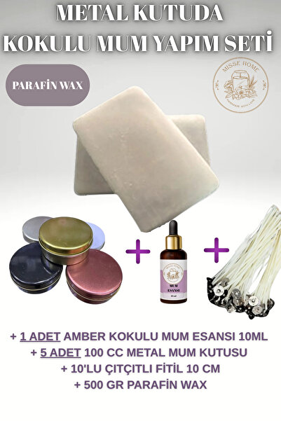 Misse Mum Yapım Seti Parafin Wax + Mum Esansı 10ml + 5 Adet Metal Mum Kutusu ...