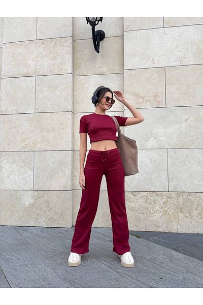 şıklık durağı Camisole Woven Cotton Crew Neck Short Sleeve Crop Blouse & Wide Leg High Waist 2-Piece Bottom Top Set