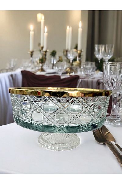 AYZ HOME Brass Gold Edged Cut Crystal Glass Salad / Presentation Bowl 25X25Cm