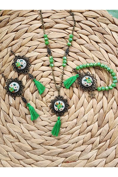 LADYETAMIN Brazil Embroidery Handmade Women's Necklace, Bracelet, Earrings 3-Piece Set-Etamine Green Flower Bouquet Women's Set