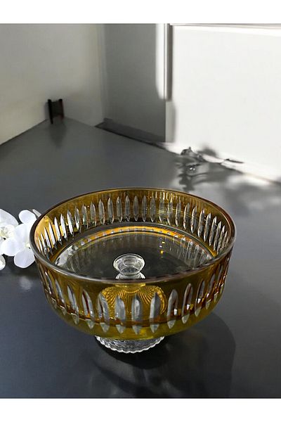 AYZ HOME Amber Color Cut Crystal Glass Salad Presentation Bowl Set 100% Handcrafted