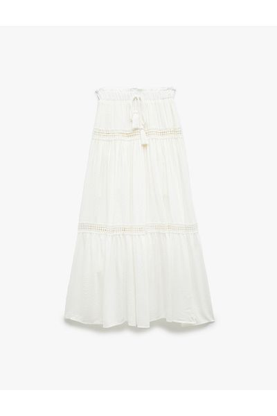 Koton New Season Cotton Lined Scalloped Long Viscose Skirt with Lacing Detail