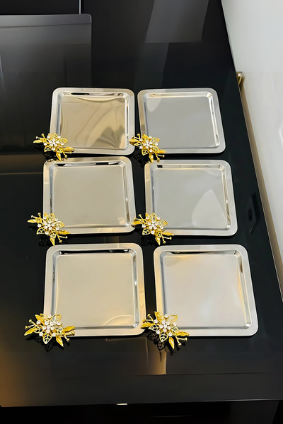 Yaren Style Lüx Taşlı Papatya Çiçek Aksesuarlı Paslanmaz 6'lı Sunum Tepsisi | Dekoratif Çeyiz, Kahve, Çay, Tepsi