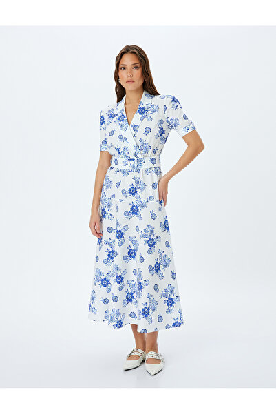 Koton Cotton belt-detail short sleeve wrap collar maxi floral dress.