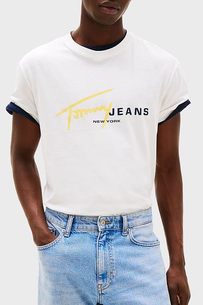 Tommy Jeans Reguläre lange Passform Graffiti Logo Herren T-Shirts Baumwolle 100 % DM0DM20817 YBL