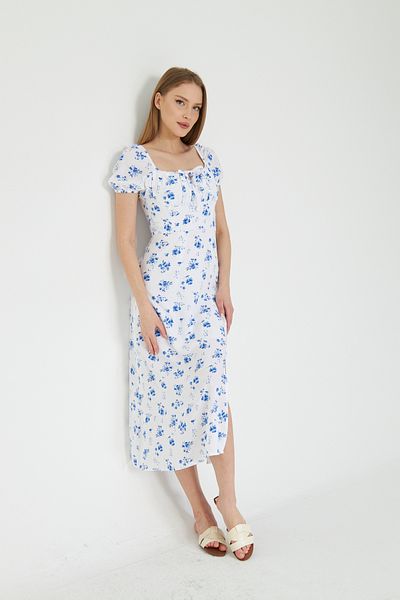 SevdeUgur Rochie de damă, albastră, albă, florală, lungime midi, cu fantă / Sevde Ugur