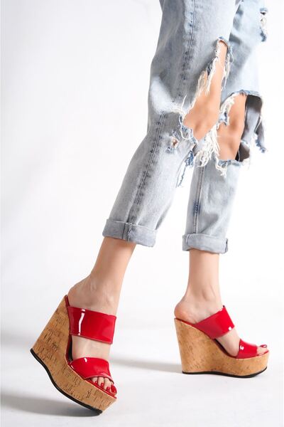 owwox club Victory; Red, 12 Cm Cork Heeled Women's Slippers