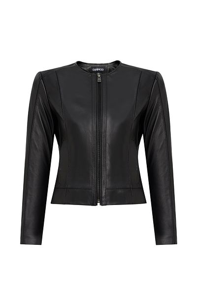 Derimod Flora Women's Black Slim Short Leather Jacket 25Sgd5300U4