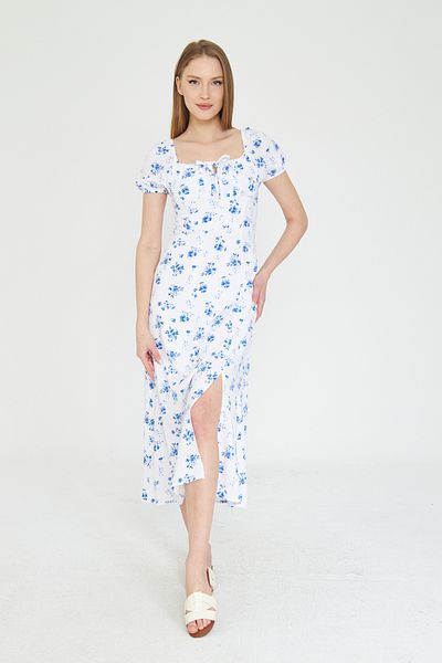 SevdeUgur Rochie de damă, albastră, albă, florală, lungime midi, cu fantă / Sevde Ugur