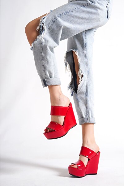 owwox club Victory; Red Patent Leather, 12 Cm Wedge Heeled Women's Slippers