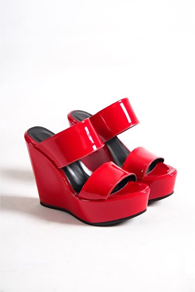 owwox club Victory; Red Patent Leather, 12 Cm Wedge Heeled Women's Slippers