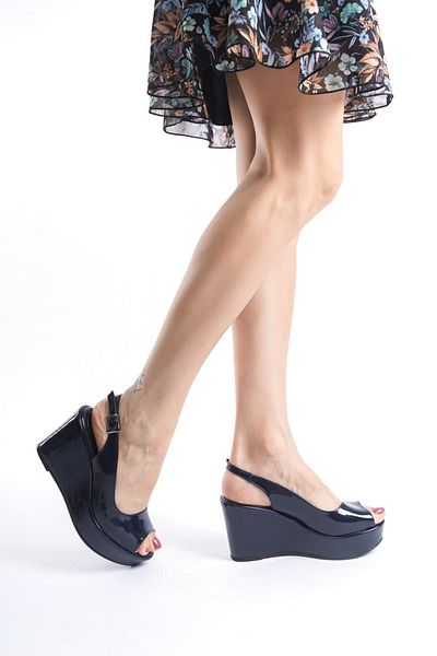 owwox club Juliet; Navy Blue Patent Leather, 9 cm Wedge Heeled Shoes (Please Read the Product Description for the Mold)