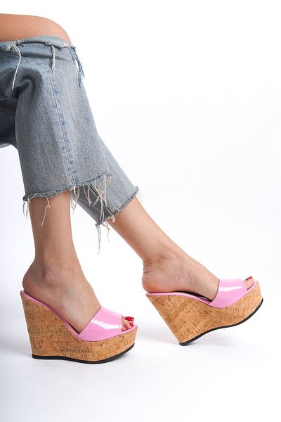 owwox club Hazel; Pink, 12 cm Cork Sole Wedge Heeled Slippers