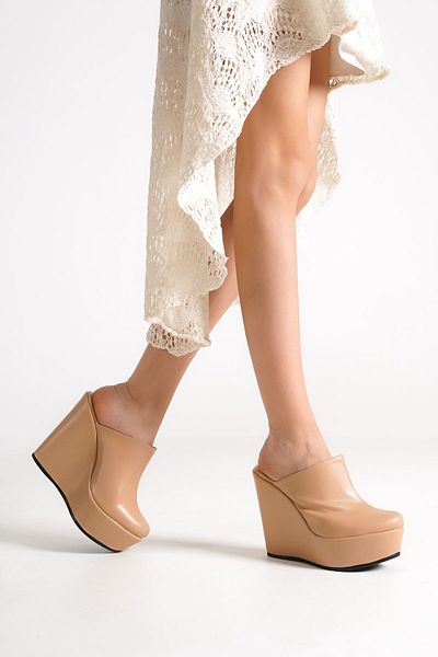 owwox club Women's Cream Nude Slippers 12 cm Wedge Heels (Product Description Required)