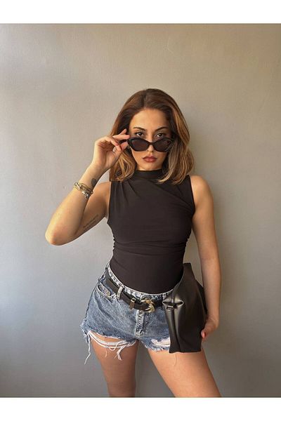 Fav Style Bluză de damă cu decolteu în formă de A, fără mâneci, cu detaliu cu șnur, neagră