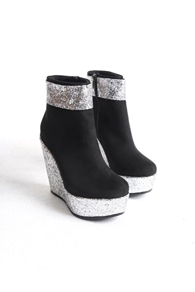 owwox club Eve ; Siyah Süet - Gümüş Simli,12 cm Dolgu Topuklu Kadın Bot