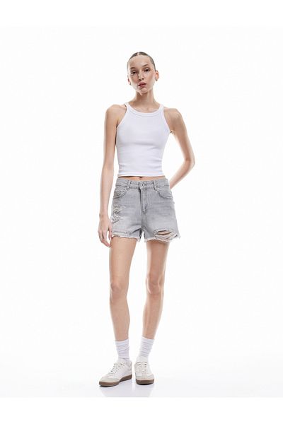 Koton New Season Frayed Detailed Buttoned Pocket Mini Jean Shorts