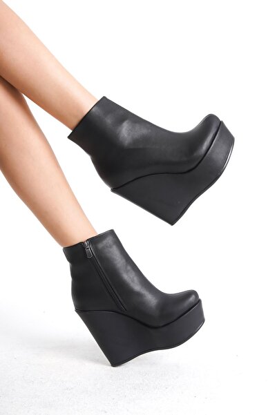 owwox club Eve ; Siyah Cilt , Dolgu Topuklu Kadın Bot