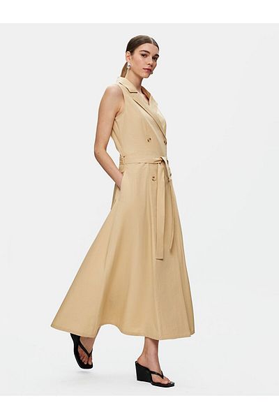 Ltb Basic Buttoned Poplin Long Beige Dress