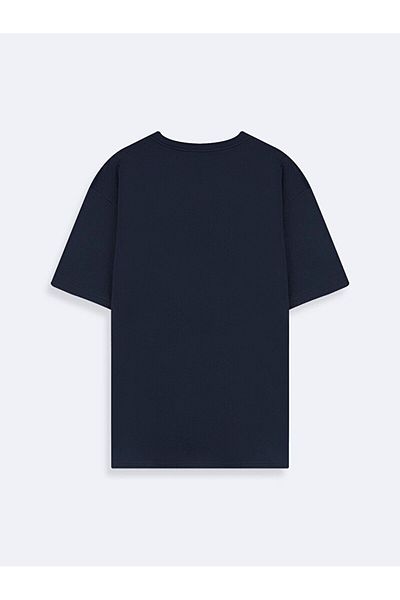 Ltb Βασικό εμπριμέ μπλουζάκι με λαιμόκοψη Loose Navy Blue