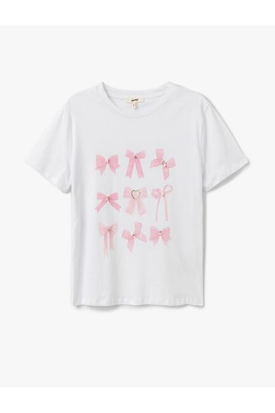 Koton New Season Bow Printed Bead Detailed Cotton Crew Neck Short Sleeve T-Shirt