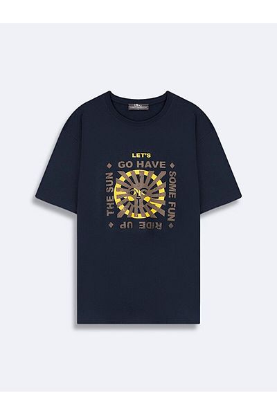 Ltb Βασικό εμπριμέ μπλουζάκι με λαιμόκοψη Loose Navy Blue