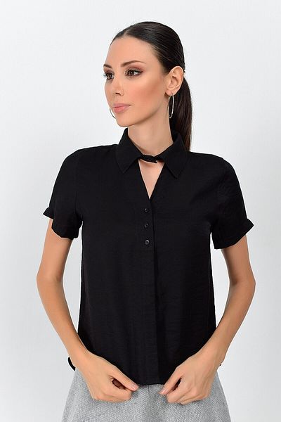bacc Cămașă neagră din țesătură Bodrum cu mânecă scurtă pentru femei Co- 259362998