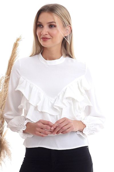 bacc Women's Ecru Crew Neck Flounce Long Sleeve Woven Blouse Co- 2520333355