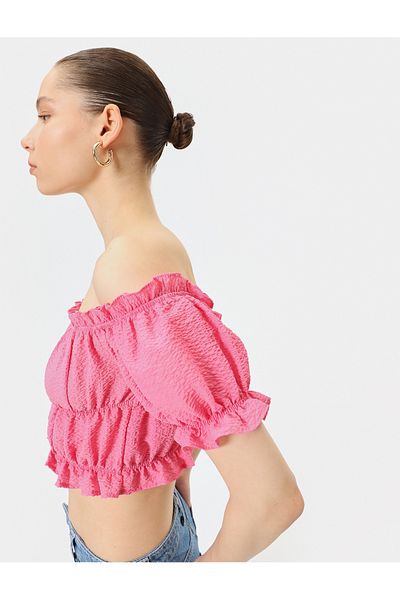 Koton New Season Off-Shoulder Ruffled Blouse Crop Short Sleeve Shirred Seersucker Fabric