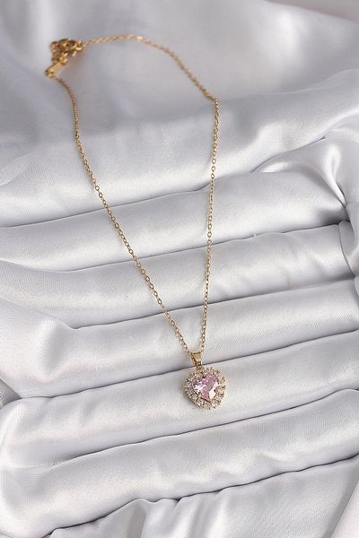 Skygo 316L Steel Gold Color Chain Pink Zircon Stone Heart Model Women's Necklace - Tj-Bko9718