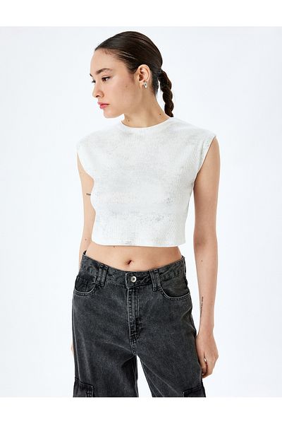 Koton New Season Glitter Cap Sleeve Short Sleeve Crew Neck T-Shirt