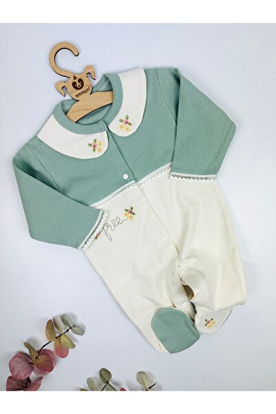 BEBERAZZİ Nakış İşleme Bebe Yaka Önden Çıtçıtlı Kız Bebek Tulum