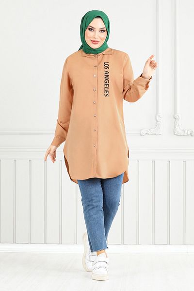 ModaMerve Text Printed Tunic 404Evo1065-M Latte