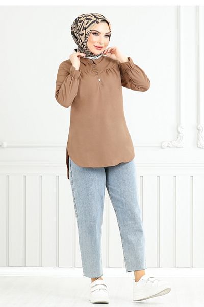 ModaMerve Half Button Tunic 402Evo1065-M Brown