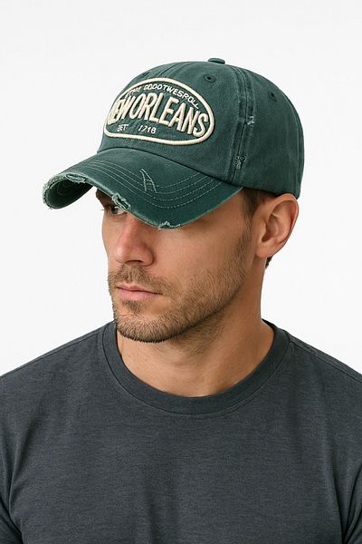 CosmoOutlet New Orleans Embroidered Washed Vintage Model Adjustable Green Men's Hat from the Back