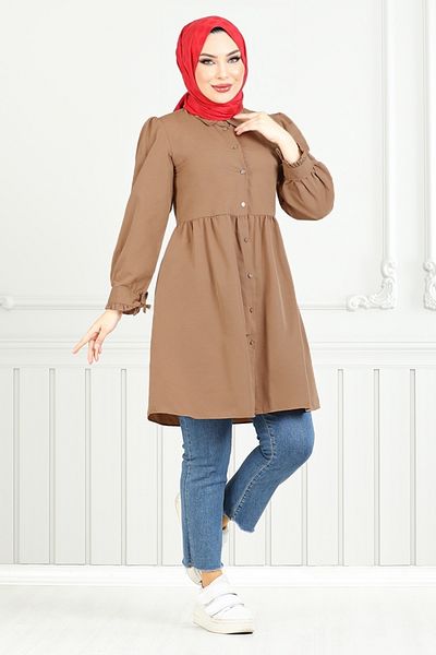 ModaMerve Cuffed Laced Tunic 401Evo1065-M Brown