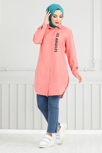 ModaMerve Text Printed Tunic 404Evo1065-M Salmon