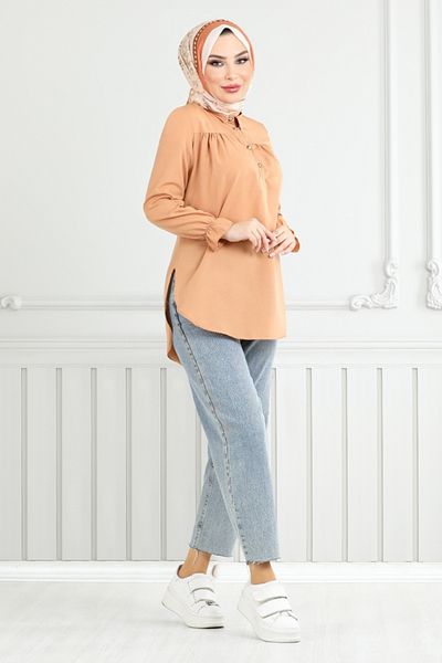 ModaMerve Half Button Tunic 402Evo1065-M Latte