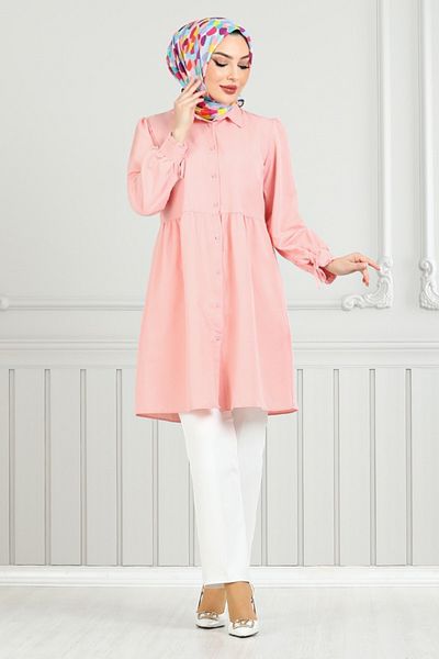 ModaMerve Cuff Lace-Up Tunic 401Evo1065-M Salmon