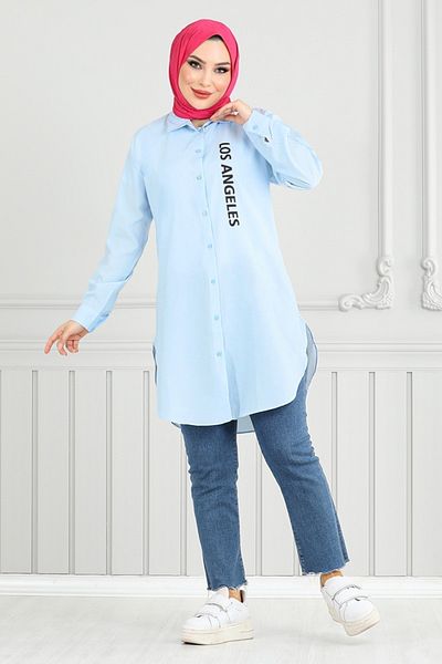 ModaMerve Tunica cu text imprimat 404EVO1065-M Baby Blue