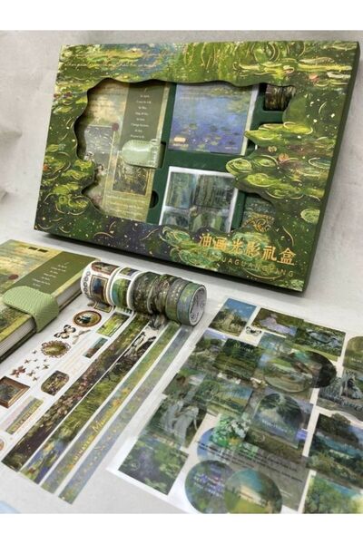 Kağıt Gemi Dükkan Claude Monet Nilüfer Tablosu Desenli Yeşil Kutu Defter Seti...